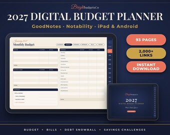 Peut inclure: Un planificateur budgétaire numérique 2027 affiché sur deux tablettes. L'interface présente une mise en page de budget mensuel avec des colonnes pour les revenus, l'épargne, la dette et les dépenses. Texte : BrightBudgetsCo, 93 pages, 2000+ liens.