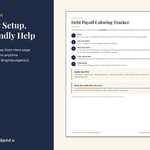 May include: A digital document titled Debt Payoff Coloring Tracker with instructions for printing, listing debts, picking charts, and coloring squares. The page includes sections for PDF contents and a debt snowball spreadsheet offer.