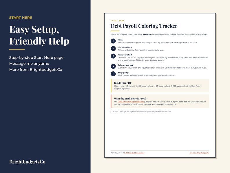 May include: A digital document titled Debt Payoff Coloring Tracker with instructions for printing, listing debts, picking charts, and coloring squares. The page includes sections for PDF contents and a debt snowball spreadsheet offer.