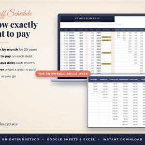 May include: A digital debt payoff schedule spreadsheet displayed on a laptop screen and a tablet. The text reads Payoff Schedule, Know exactly what to pay, The snowball rolls over, and BrightbudgetsCo. It features columns for debt tracking.