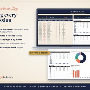 Puede incluir: Una plantilla digital de registro de entrenamiento para Google Sheets y Excel mostrada en una pantalla de port&aacute;til y tableta. La interfaz incluye tablas para realizar un seguimiento de sesiones, minutos y calor&iacute;as, junto con gr&aacute;ficos.