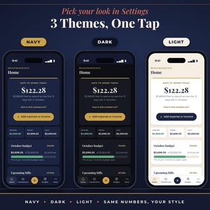 May include: Three smartphones display a budgeting app interface with Navy, Dark, and Light themes. Each screen shows a Home dashboard with Safe to Spend Today, income, spent, left, October budget, and upcoming bills text and data.