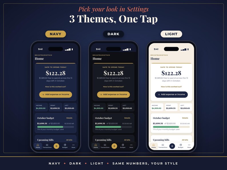 May include: Three smartphones display a budgeting app interface with Navy, Dark, and Light themes. Each screen shows a Home dashboard with Safe to Spend Today, income, spent, left, October budget, and upcoming bills text and data.