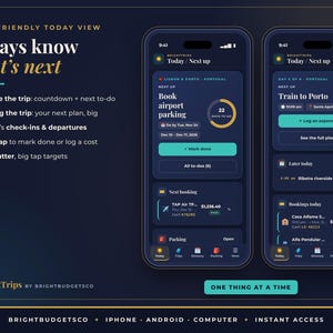 K&ouml;nnte beinhalten: Zwei Smartphones zeigen die Benutzeroberfl&auml;che der BrightTrips-App mit einem dunkelblauen Design. Die Bildschirme zeigen Reisepl&auml;ne, Countdowns und Aufgabenlisten. Der Text enth&auml;lt 'Always know what's next' und 'ADHD-FRIENDLY TODAY VIEW'.
