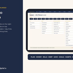 Puede incluir: Una tableta digital que muestra la interfaz del Budget + Life Planner 2027 con fondo crema, pesta&ntilde;as de navegaci&oacute;n azul oscuro y listas organizadas para el seguimiento financiero, establecimiento de metas y planificaci&oacute;n diaria.