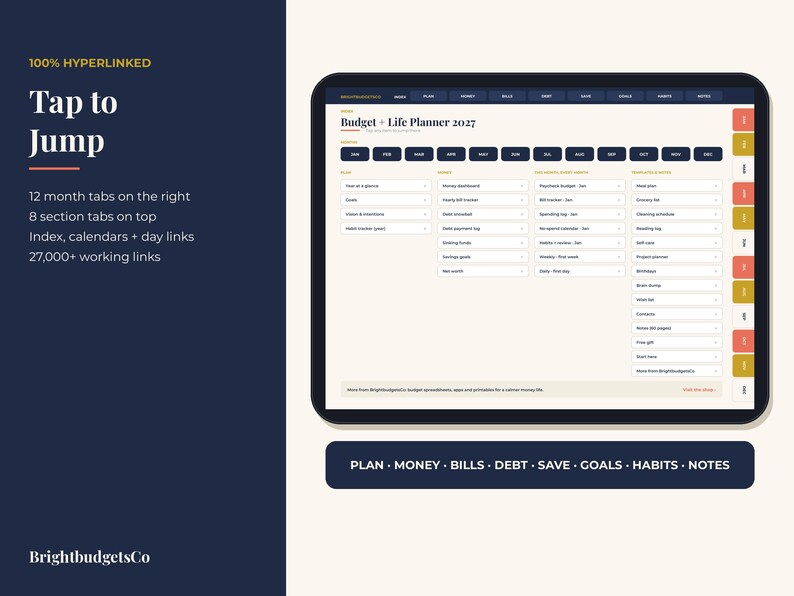 Puede incluir: Una tableta digital que muestra la interfaz del Budget + Life Planner 2027 con fondo crema, pesta&ntilde;as de navegaci&oacute;n azul oscuro y listas organizadas para el seguimiento financiero, establecimiento de metas y planificaci&oacute;n diaria.