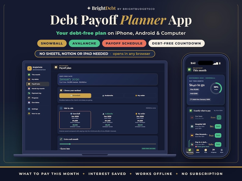 May include: A digital debt payoff planner app displayed on a laptop screen and a smartphone. The interface features dark blue backgrounds with gold and white text, including labels like Snowball, Avalanche, and Payoff Schedule.
