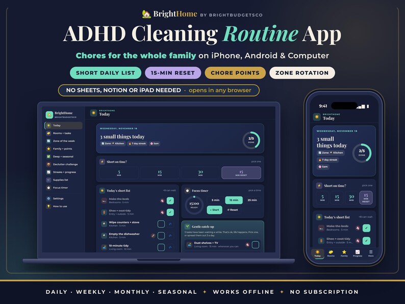 K&ouml;nnte beinhalten: Eine digitale ADHD-Reinigungsroutine-App-Oberfl&auml;che auf einem Laptop und Smartphone. Das dunkel gestaltete Dashboard enth&auml;lt Aufgabenlisten, einen 15-Minuten-Reset-Timer, Aufgabenpunkte und Zonenrotation. Der Text umfasst ADHD Cleaning Routine App, Short Daily List, 15-Min Reset, Chore Points, Zone Rotation und No Sheets, Notion or iPad Needed.