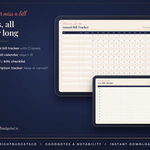 May include: A digital annual bill tracker and 2027 bill calendar displayed on two tablet screens. The interface features a grid layout with columns for bills, due dates, and amounts, alongside checkboxes for tracking monthly payments and subscriptions.