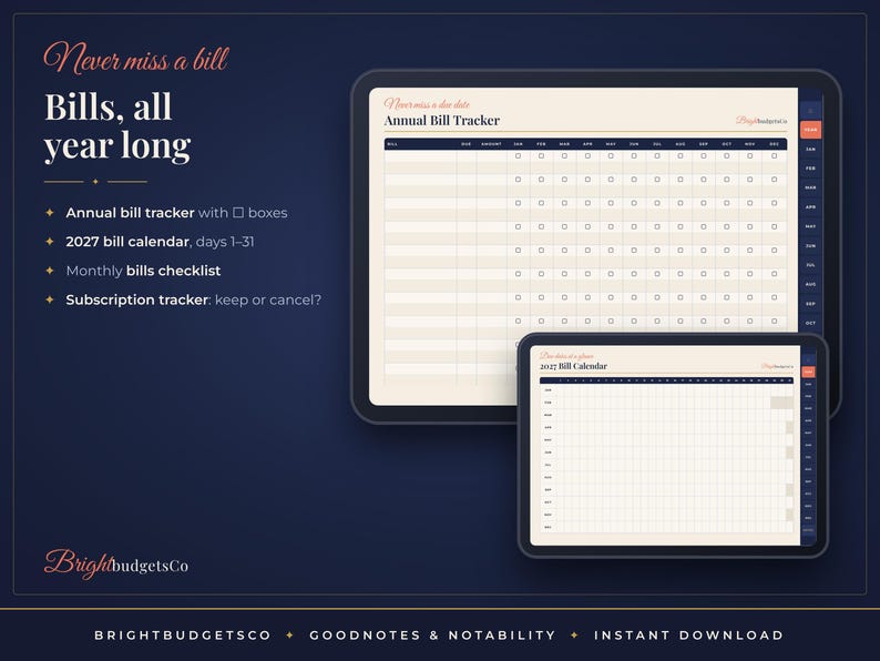 May include: A digital annual bill tracker and 2027 bill calendar displayed on two tablet screens. The interface features a grid layout with columns for bills, due dates, and amounts, alongside checkboxes for tracking monthly payments and subscriptions.