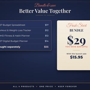 May include: A digital product bundle graphic on a dark blue background featuring the text Bundle & Save Better Value Together. It lists a 2027 Budget Spreadsheet, Workout & Weight-Loss Tracker, ADHD Fitness & Habit Planner, and 2027 Digital Budget Planner.