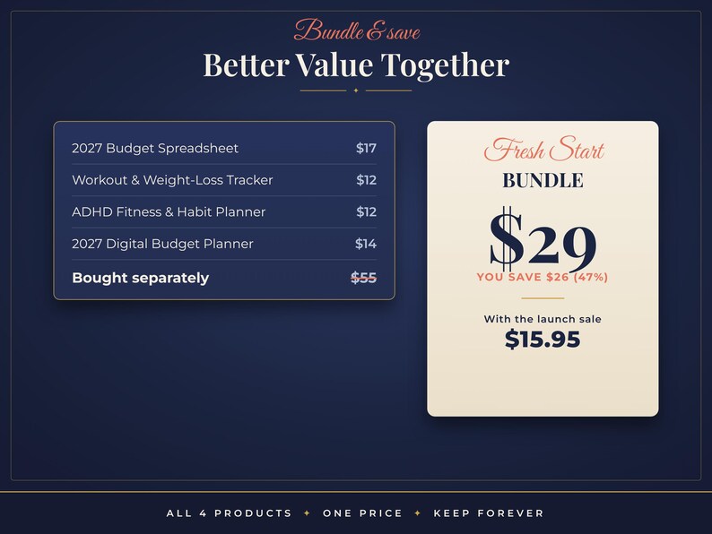 May include: A digital product bundle graphic on a dark blue background featuring the text Bundle & Save Better Value Together. It lists a 2027 Budget Spreadsheet, Workout & Weight-Loss Tracker, ADHD Fitness & Habit Planner, and 2027 Digital Budget Planner.