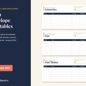 May include: Printable cash envelope templates featuring three white rectangular layouts labeled Groceries, Gas, and Fun Money. Each includes a monthly budget box, a dark blue header row for date, for, in/out, and balance, and blank lines for tracking.