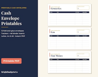 Peut inclure: Modèles d'enveloppes à billets imprimables présentant trois mises en page rectangulaires blanches étiquetées Groceries, Gas et Fun Money. Chacune comprend une case budget mensuel, une ligne d'en-tête bleu foncé et des lignes pour le suivi.