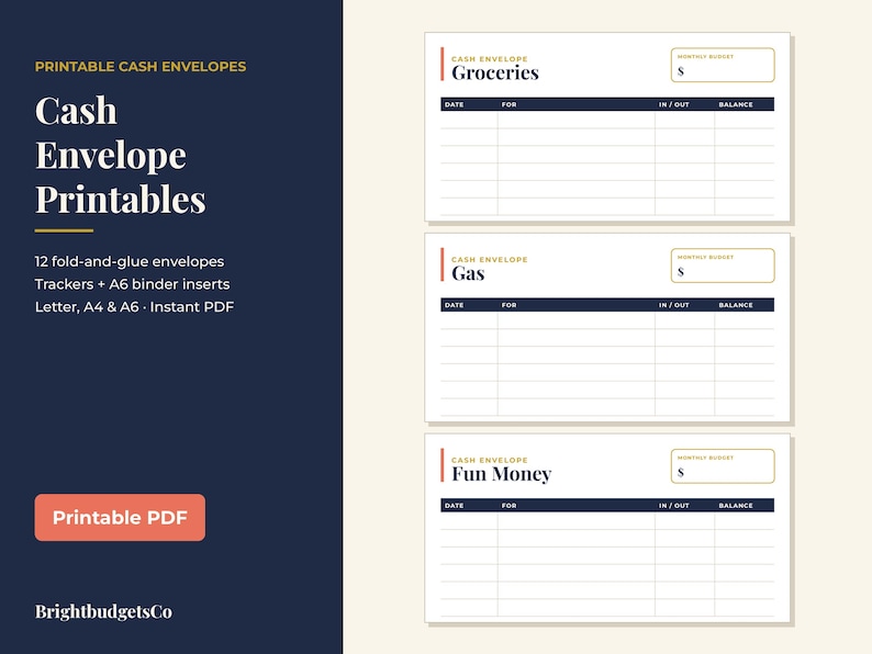 May include: Printable cash envelope templates featuring three white rectangular layouts labeled Groceries, Gas, and Fun Money. Each includes a monthly budget box, a dark blue header row for date, for, in/out, and balance, and blank lines for tracking.