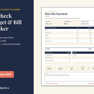 May include: A printable paycheck budget and bill tracker document featuring sections for pay date, take-home pay, bills, savings, debt, and spending. The layout includes a calculation area for remaining funds and a notes section, presented in a clean, organized format.