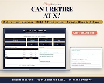 Retirement Planner Spreadsheet, Can I Retire Calculator, 2026 401k Contribution Limits, Social Security, Google Sheets and Excel