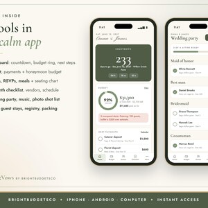 Puede incluir: Dos tel&eacute;fonos inteligentes muestran la interfaz de la aplicaci&oacute;n de planificaci&oacute;n de bodas BrightVows. La pantalla presenta una cuenta regresiva, un rastreador de presupuesto y herramientas de gesti&oacute;n. El texto incluye '18 tools in one calm app'.