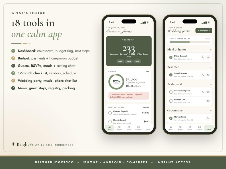 Puede incluir: Dos tel&eacute;fonos inteligentes muestran la interfaz de la aplicaci&oacute;n de planificaci&oacute;n de bodas BrightVows. La pantalla presenta una cuenta regresiva, un rastreador de presupuesto y herramientas de gesti&oacute;n. El texto incluye '18 tools in one calm app'.