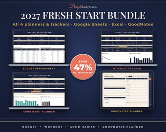 Peut inclure: Le 2027 Fresh Start Bundle de BrightbudgetsCo comprend quatre planificateurs et trackers numériques compatibles avec Google Sheets, Excel et GoodNotes. L'affichage présente un tableau de bord annuel, un tableau de bord fitness, un planificateur ADHD et un planificateur GoodNotes.