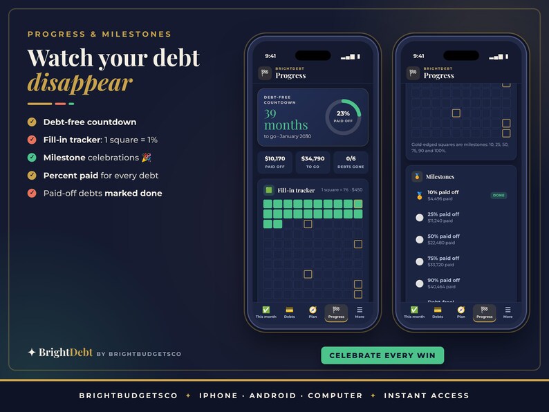 May include: Two smartphones display the BrightDebt app interface on a dark background. The screens show a debt-free countdown, a fill-in tracker with green squares representing 1% each, and a list of milestones. Text includes Progress & Milestones, Watch your debt disappear, and BrightDebt by BrightBudgetsCo.