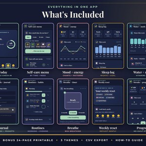 May include: A digital app interface display titled Everything in One App What's Included, featuring ten dark-themed mobile screens showing trackers for mood, energy, sleep, water, medication, gratitude, routines, breathing, and weekly progress.