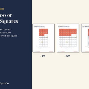 May include: Three debt tracking charts labeled 50, 100, or 200 Squares to Debt-Free. Each chart features a grid with red-filled squares representing progress. Text includes 3 CHART SIZES, 50, 100 or 200 Squares, Smaller debt? Use 50, Bigger debt? Use 200, and BrightbudgetsCo.