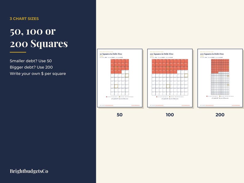 May include: Three debt tracking charts labeled 50, 100, or 200 Squares to Debt-Free. Each chart features a grid with red-filled squares representing progress. Text includes 3 CHART SIZES, 50, 100 or 200 Squares, Smaller debt? Use 50, Bigger debt? Use 200, and BrightbudgetsCo.