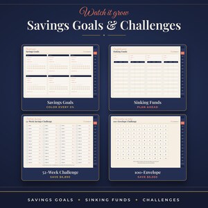 May include: A digital savings tracker set featuring four templates: Savings Goals, Sinking Funds, 52-Week Challenge, and 100-Envelope Challenge. The cream-colored pages have dark blue headers and text, organized with grids, checkboxes, and labels for financial planning.
