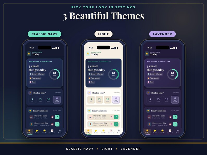 K&ouml;nnte beinhalten: Drei Smartphones zeigen die Benutzeroberfl&auml;che einer Aufgabenverwaltungs-App mit drei Farbthemen: Classic Navy, Light und Lavender. Die Bildschirme zeigen ein t&auml;gliches Dashboard mit dem Text 3 Beautiful Themes, Pick your look in settings und 3 small things today.