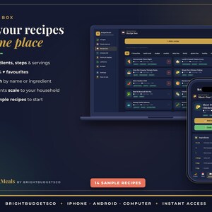 May include: A digital recipe box interface displayed on a laptop screen and a smartphone. The dark-themed UI features lists of meals, ingredient scaling, and search functions. Text includes "Recipe Box," "All your recipes in one place," and "BrightMeals."