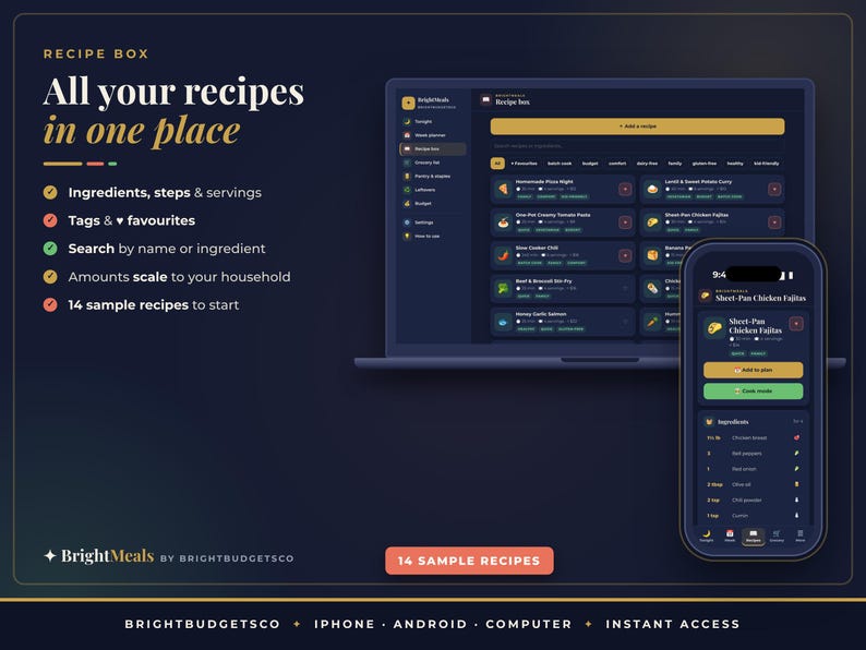 May include: A digital recipe box interface displayed on a laptop screen and a smartphone. The dark-themed UI features lists of meals, ingredient scaling, and search functions. Text includes "Recipe Box," "All your recipes in one place," and "BrightMeals."