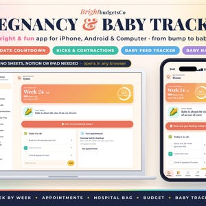 May include: A digital pregnancy and baby tracker app displayed on a laptop and smartphone screen. The interface features a dashboard with a week 24 countdown, baby size comparison, to-do lists, and appointment tracking in a gradient orange theme.