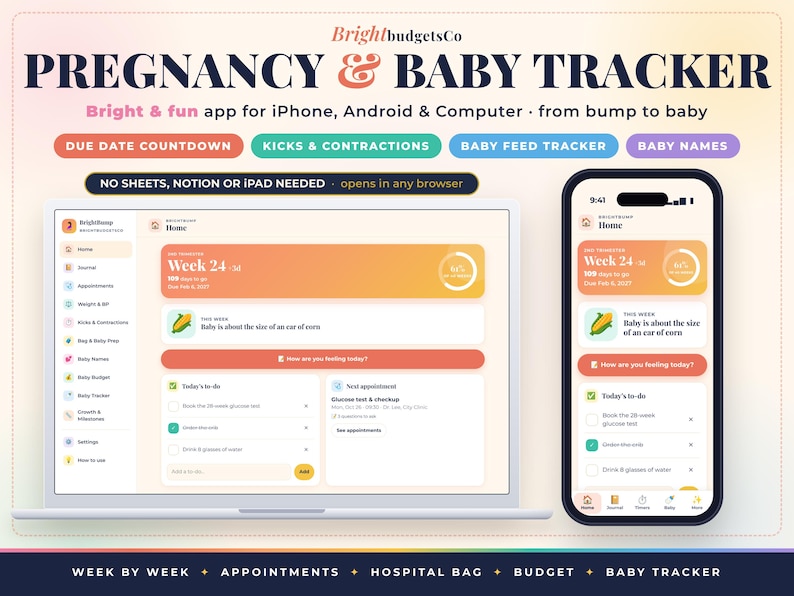 May include: A digital pregnancy and baby tracker app displayed on a laptop and smartphone screen. The interface features a dashboard with a week 24 countdown, baby size comparison, to-do lists, and appointment tracking in a gradient orange theme.