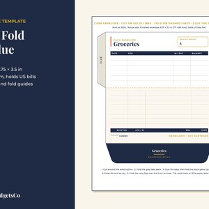 May include: A printable cash envelope template for groceries with a navy blue and cream color scheme. The layout includes cut and fold guides, a monthly budget field, and a transaction log. Finished size is 6.75 x 3.5 inches for US bills.
