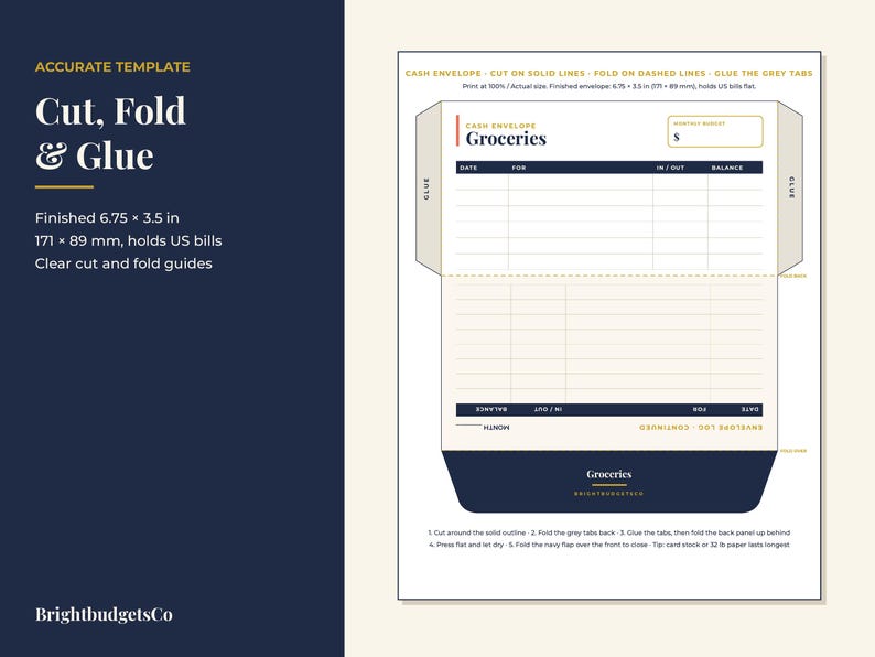 May include: A printable cash envelope template for groceries with a navy blue and cream color scheme. The layout includes cut and fold guides, a monthly budget field, and a transaction log. Finished size is 6.75 x 3.5 inches for US bills.