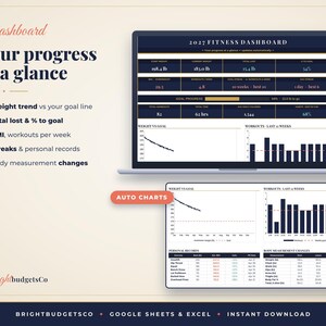 Puede incluir: Un panel de control de fitness 2027 en la pantalla de una computadora port&aacute;til y una tableta, que muestra seguimiento de peso, registros de entrenamiento y r&eacute;cords personales. La interfaz incluye gr&aacute;ficos y tablas con el texto 2027 FITNESS DASHBOARD.