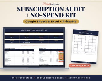 Subscription Tracker Spreadsheet for Google Sheets and Excel, Subscription Audit and No Spend Challenge Printable