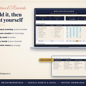 May include: A digital routine builder spreadsheet displayed on a laptop screen and a separate tablet screen. The interface features tables for morning and evening routines, weekly checklists, and a dopamine menu categorized by energy levels.