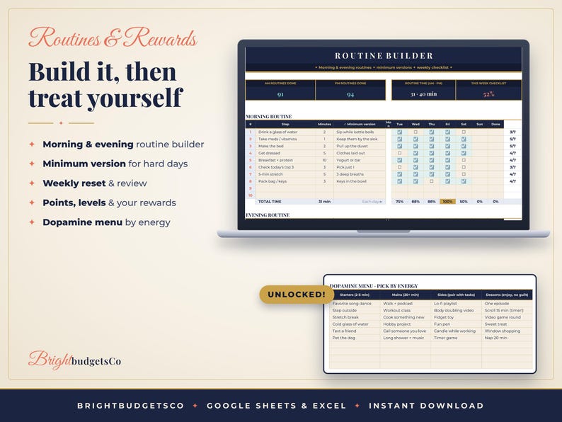 May include: A digital routine builder spreadsheet displayed on a laptop screen and a separate tablet screen. The interface features tables for morning and evening routines, weekly checklists, and a dopamine menu categorized by energy levels.