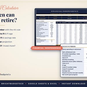 May include: A digital financial independence calculator spreadsheet displayed on a screen. The interface features tables for FI numbers, 40-year projections, and savings rates. Text includes FI Calculator, When can you retire?, and BrightbudgetsCo.