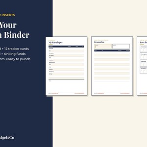 May include: A set of A6 binder inserts measuring 105 x 148 mm, including a dashboard, 12 tracker cards, a blank card, and sinking funds. The pages feature headers like My Envelopes, Groceries, and Save for It with organized columns.
