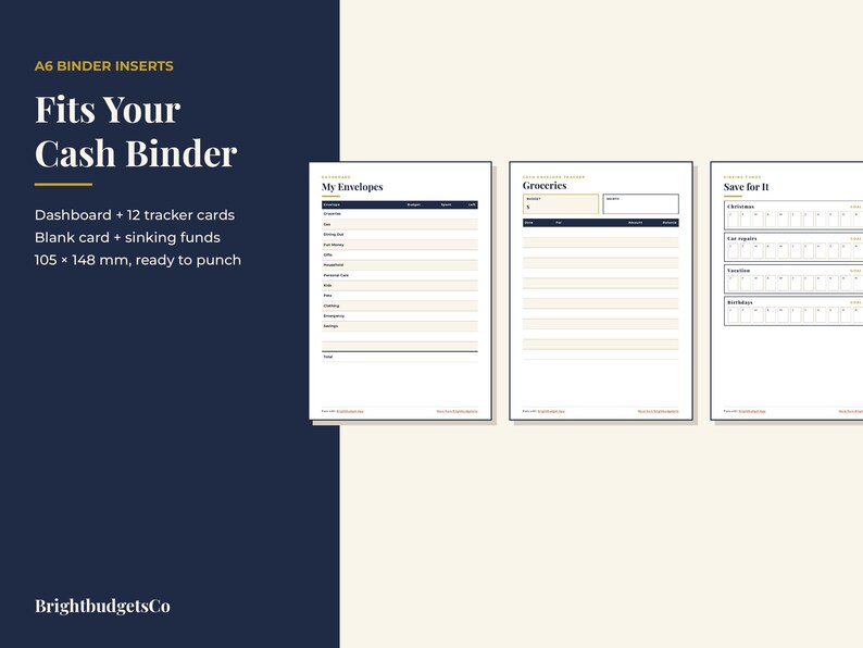 May include: A set of A6 binder inserts measuring 105 x 148 mm, including a dashboard, 12 tracker cards, a blank card, and sinking funds. The pages feature headers like My Envelopes, Groceries, and Save for It with organized columns.