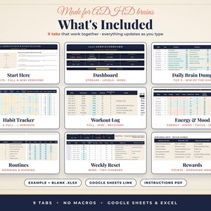 May include: A digital planner for ADHD brains featuring nine tabs including a dashboard, habit tracker, workout log, energy and mood tracker, routines, weekly reset, and rewards menu. Includes example and blank .xlsx files, a Google Sheets link, and an instructions PDF.