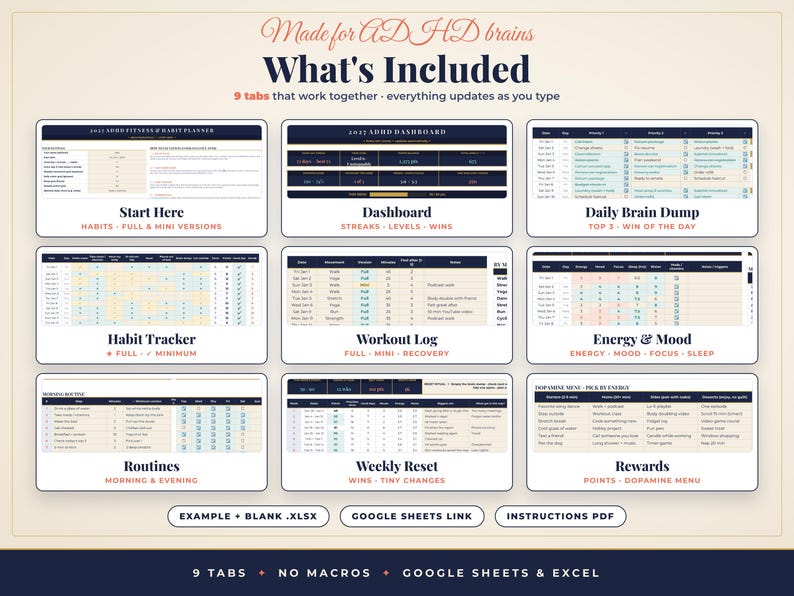 May include: A digital planner for ADHD brains featuring nine tabs including a dashboard, habit tracker, workout log, energy and mood tracker, routines, weekly reset, and rewards menu. Includes example and blank .xlsx files, a Google Sheets link, and an instructions PDF.