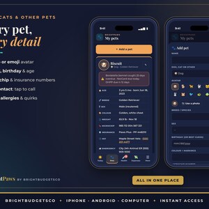 May include: Two smartphones display the BrightPaws app interface on a dark background. The left screen shows a pet profile for Biscuit, a Golden Retriever, with health and contact details. The right screen shows an Add a pet form.