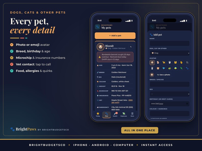 May include: Two smartphones display the BrightPaws app interface on a dark background. The left screen shows a pet profile for Biscuit, a Golden Retriever, with health and contact details. The right screen shows an Add a pet form.