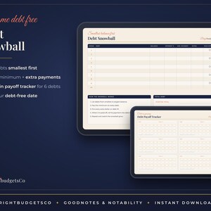 May include: A digital debt snowball and payoff tracker planner displayed on two tablets. The interface features tables for listing debts, tracking minimum and extra payments, and color-in trackers for six debts, with text including Debt Snowball and Debt Payoff Tracker.