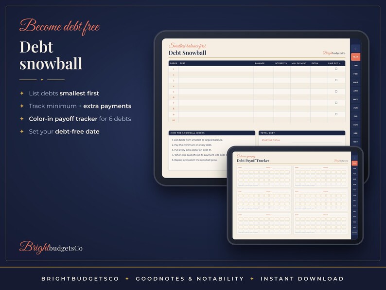 May include: A digital debt snowball and payoff tracker planner displayed on two tablets. The interface features tables for listing debts, tracking minimum and extra payments, and color-in trackers for six debts, with text including Debt Snowball and Debt Payoff Tracker.