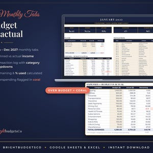 May include: A digital budget planner template for Google Sheets and Excel featuring 12 monthly tabs, income and expense tracking, transaction logs, and automated calculations. Overspending is highlighted in coral text on a dark blue background.